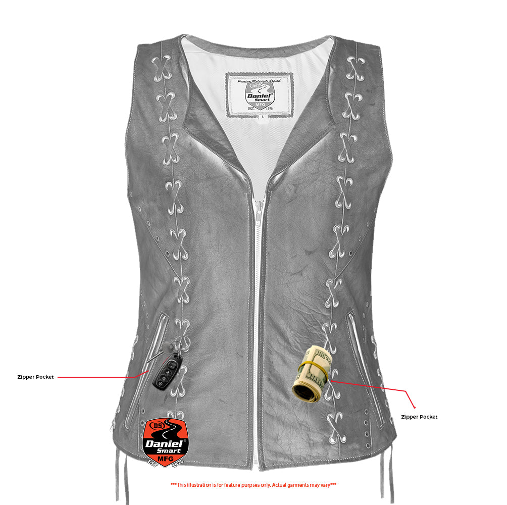 DS236 Women's Brown Zippered Vest with Lacing Details