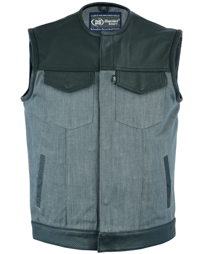 DM934 Men's Perforated Leather/Denim Combo Vest (Black/ Ash Gray)