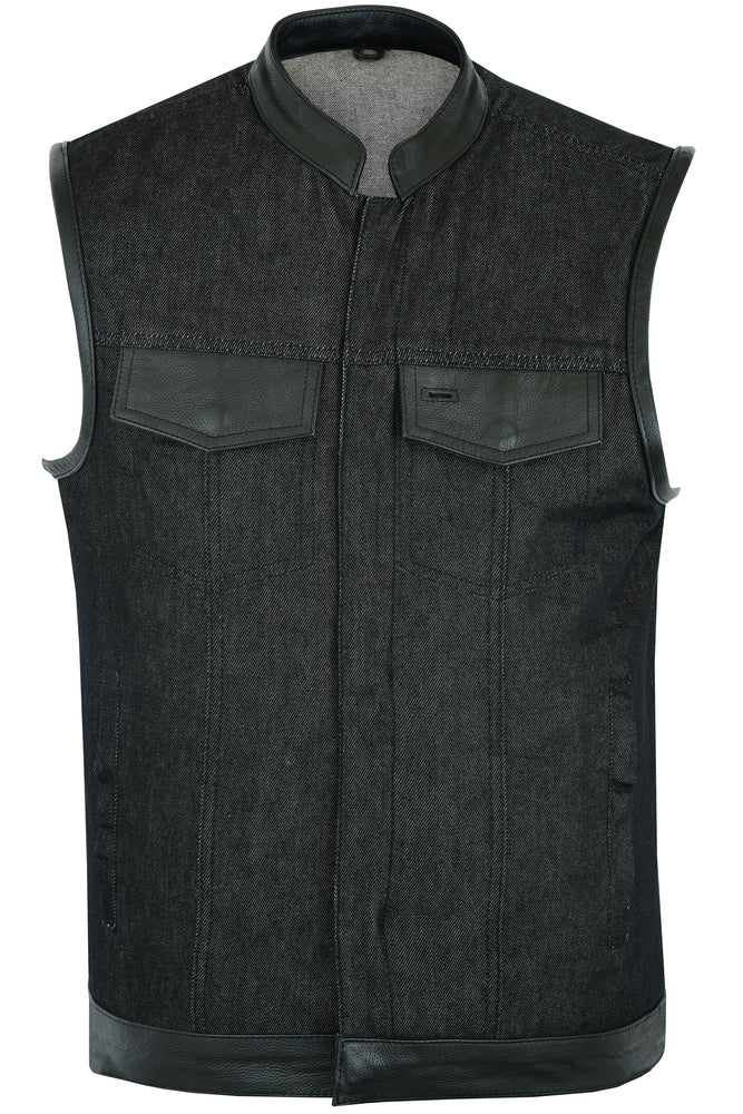 DM962 Men's Rough Rub-Off Raw Finish Denim Vest W/Leather Trim - Scoop Collar