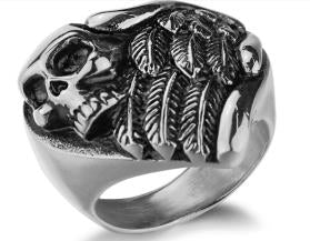 R196 Stainless Steel Feather Wings Skull Biker Ring