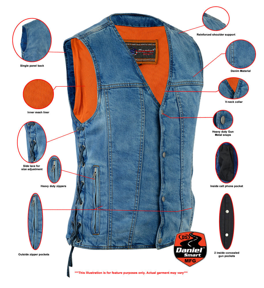 DM905BU    Men's Single Back Panel Concealed Carry Denim Vest