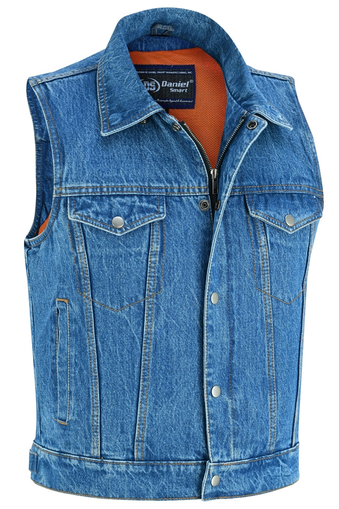 DM979BU Snap/Zipper Front Denim Vest- Blue